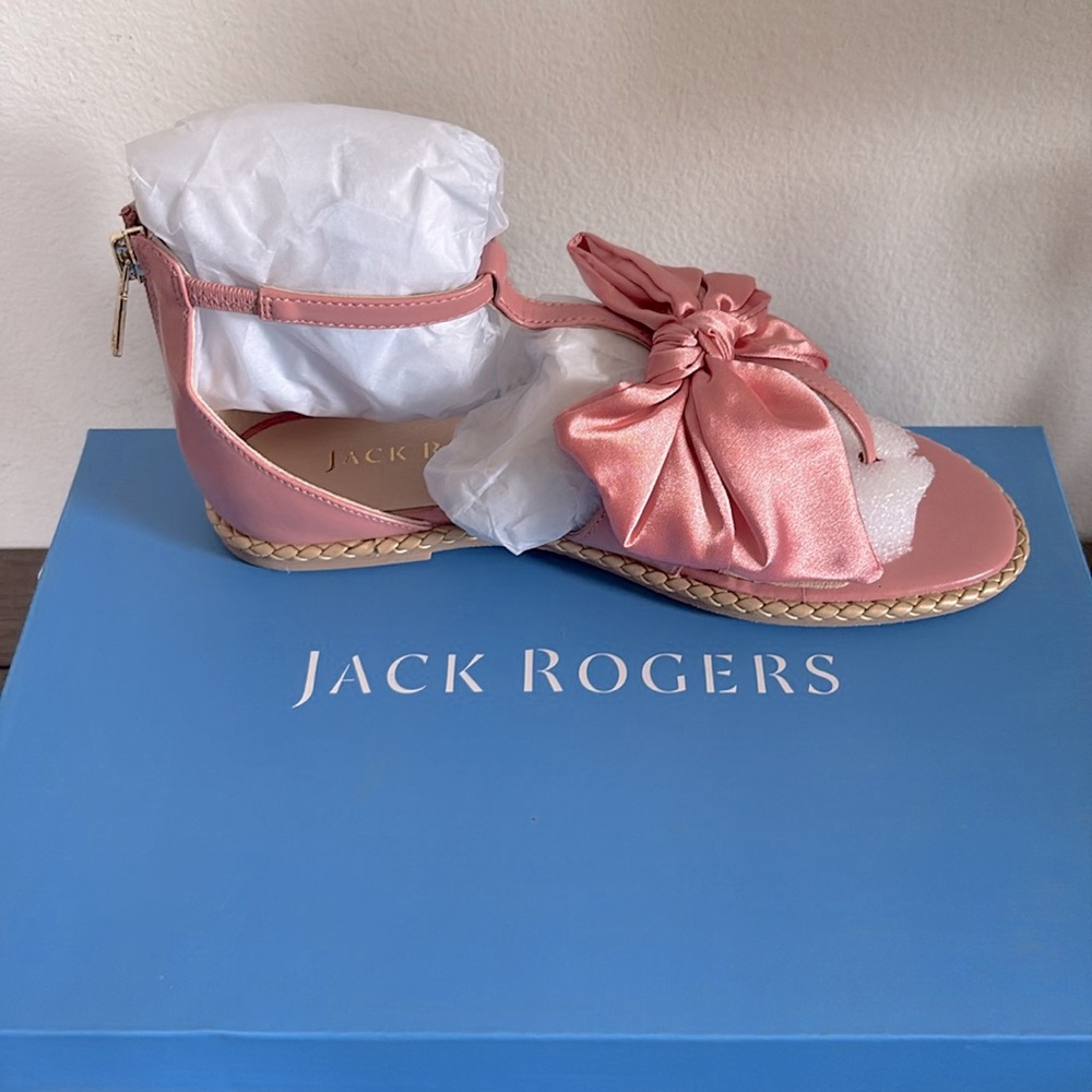 NIB [Jack Rogers] Heidi Satin Bow T-Strap Zip Flat Sandals in Rose Women’s Sz 6 - Picture 3 of 11